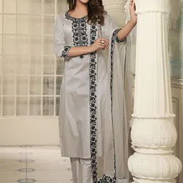 Inddus Floral Yoke Design Thread Work Straight Kurta With Trouser & Dupatta-picture-12