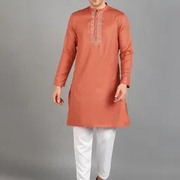 HERE&NOW Orange Floral Embroidered Regular Straight Kurta with Trousers-picture-6