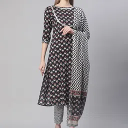 Sringam Women Black Floral Printed Kurta with Trousers & With Dupatta-image-50