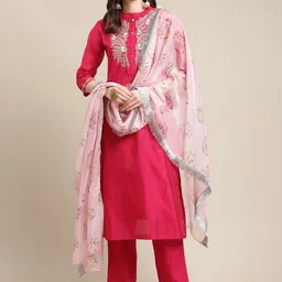 Varanga Women Magenta Floral Chanderi Silk Kurta with Trousers & With Dupatta-21