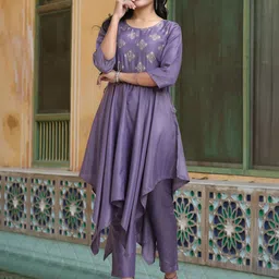 Jaipur Kurti Women Purple Floral Yoke Design Empire Kurti with Trousers-image-7