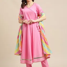 Varanga Women Pink Angrakha Gotta Patti Pure Cotton Kurta with Trousers & Leheriya Dupatta-image-91