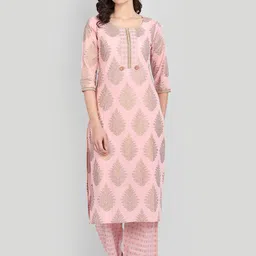 githaan Women Pink Embroidered Layered Pure Cotton Kurti with Trousers-picture-0