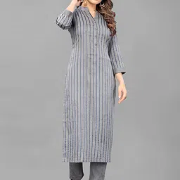 GUNVANTI FAB Women Grey Striped Pleated Pure Cotton Kurta with Trousers-image-46