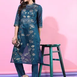 Vishudh Women Teal Floral Printed Kurta with inner & Dupatta-picture-34