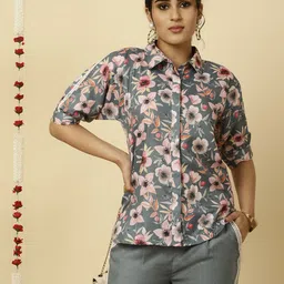 Jaipur Kurti Floral Printed Linen High Low Shirt With Trouser-picture-5