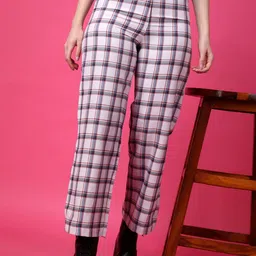 Popwings Women Checked Smart Straight Fit High-Rise Easy Wash Cotton  Trousers-image-26