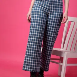 Popwings Women Checked Smart Straight Fit High-Rise Easy Wash Cotton Parallel Trousers-image-94