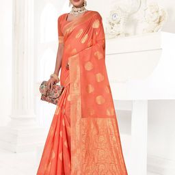 Anouk Pink & Gold-Toned Ethnic Motifs Woven Design Zari Pure Cotton Chanderi Saree-picture-23