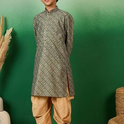 Sangria Boys Bandhani Printed Sequined Band Collar Straight Kurta-6