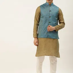 SOJANYA Men Olive Green & Blue Jacquard Ethnic Motifs Straight Kurta with Churidar-image-94
