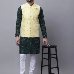 SOJANYA Ethnic Motif Sequinned Embellished Pure Cotton Kurta with Churidar & Nehru Jacket-picture-16