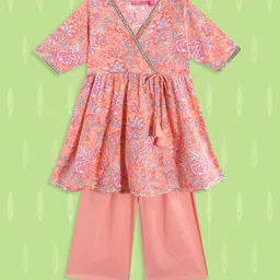 Biba Girls Peach-Coloured Pure Cotton Floral Printed Angrakha Kurta with Palazzos-picture-20