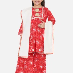 Little Bansi Girls Red Ethnic Motifs Printed Gotta Patti Kurta with Palazzos & With Dupatta-image-87
