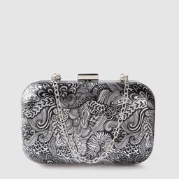Lino Perros Black & Silver-Toned Printed Box Clutch with Detachable Sling Strap-54