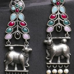 Sangria Silver-Toned Stones Studded Animal Shaped Oxidised Drop Earrings-image-27