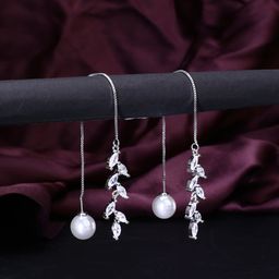 Yellow Chimes Silver-Toned Rhodium-Plated CZ Studded Leaf Shaped Drop Earrings-10