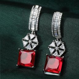 ZENEME Rhodium-Plated Red Square Drop Earrings-18