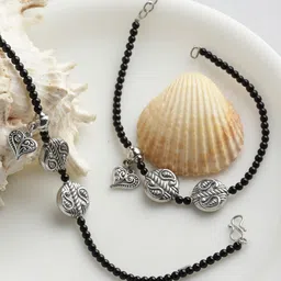 PANASH Set Of 2 Oxidized Silver-Plated Black Beaded Paisley Shaped Handcrafted Anklets-5