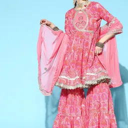 Ishin Floral Printed Angrakha Gotta Patti Pure Cotton Kurta with Sharara & With Dupatta-20