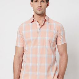 Mufti spread collar Short Sleeves Slim Fit  Checked Casual Cotton Shirt-image-78