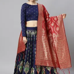Fabcartz Navy Blue & Lime Green Semi-Stitched Lehenga & Unstitched Blouse With Dupatta-picture-58