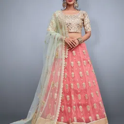 ODETTE Pink & Green Embroidered Semi-Stitched Lehenga & Unstitched Blouse With Dupatta-image-30