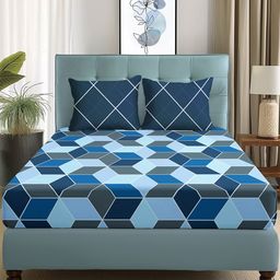 Story@home  Arena Blue & Grey Geometric Printed 180 TC Queen Bedsheet & 2 Pillow Covers-image-51