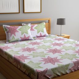KLOTTHE Pink & Green Geometric Printed 300 TC King Bedsheet With 2 Pillow Covers-image-23