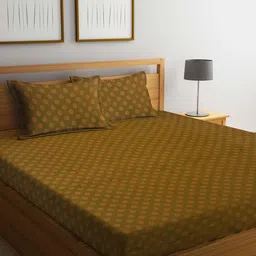 Arrabi Brown & Olive Green Ethnic Motifs 300 TC Cotton King Bedsheet With 2 Pillow Covers-2