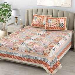 DE CAMA Orange & White Ethnic Motifs 300 TC Pure Cotton King Bedsheet With 2 Pillow Covers-image-93