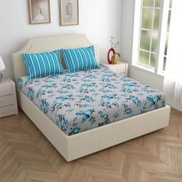 Salona Bichona Turquoise Blue & White Floral 120 TC King Bedsheet with 2 Pillow Covers-image-50