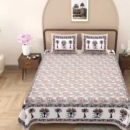 BED-SHEET.COM Grey & White Ethnic Motifs Cotton 180 TC King Bedsheet with 2 Pillow Covers-image-0
