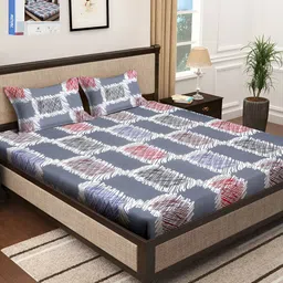 KLOTTHE Beige & Brown Geometric Printed 300 TC Fitted Single Bedsheet with Pillow Cover-10