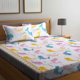 FABINALIV White & Blue Printed 300 TC Fitted King Bedsheet & 2 Pillow Covers-43
