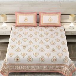 Jinaya's Beige & Green Floral Cotton 300 TC King Bedsheet with 2 Pillow Covers-image-38