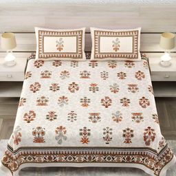 Jinaya's Beige & Green Floral Cotton 300 TC King Bedsheet with 2 Pillow Covers-image-13