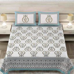 Jinaya's Beige & Blue Floral Cotton 300 TC King Bedsheet with 2 Pillow Covers-image-40
