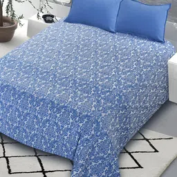 Saral Home Blue & Off White Ethnic Motifs Cotton 210 TC King Bedsheet with 2 Pillow Covers-image-61