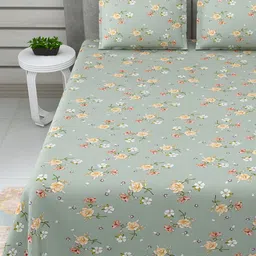 DREAM WEAVERZ Green & Yellow Floral Pure Cotton 220 TC King Bedsheet with 2 Pillow Covers-picture-24