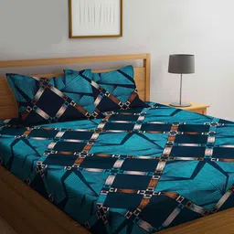 Arrabi Bookfold Navy Blue & Teal Geometric Printed 300 TC King Bedsheet & 2 Pillow Covers-image-67