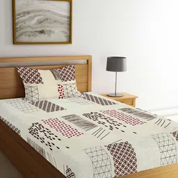 FABINALIV Cream-Coloured Geometric Fitted 300 TC Single Bedsheet With 1 Pillow Cover-picture-13