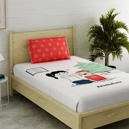 EverHOME White & Red Conversational 152 TC Cotton 1 Single Bedsheet with 1 Pillow Covers-image-83