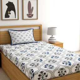 Rajasthan Decor White Screen Print 144 TC Cotton 1 Single Bedsheet with 1 Pillow Cover-image-57