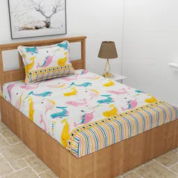MORADO Off White & Yellow Conversational Printed 210 TC Single Bedsheet with 1 Pillow Covers-image-69