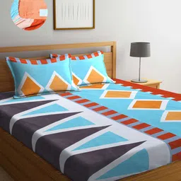 Arrabi Blue Geometric 300 TC Cotton Blend Double Size Fitted Bedsheet with 2 Pillow Covers-picture-37