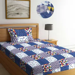 Arrabi Blue & White Geometric 300 TC Single Bedsheet with 1 Pillow Covers-picture-26
