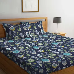 Arrabi Grey Floral 300 TC Cotton Blend Super King Size Fitted Bedsheet & 2 Pillow Covers-image-72