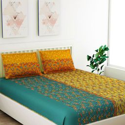 Salona Bichona Gulmohar Yellow 120 TC Flat Cotton Queen Bedsheet & 2 Pillow Covers-image-16
