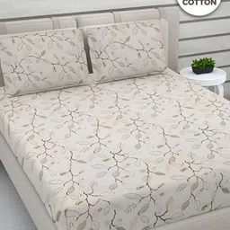 FABINALIV Beige & Green Floral 300 TC Cotton King Bedsheet With 2 Pillow Covers-image-39